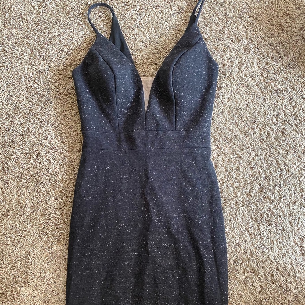 Black glitter gown with low cut mesh detail